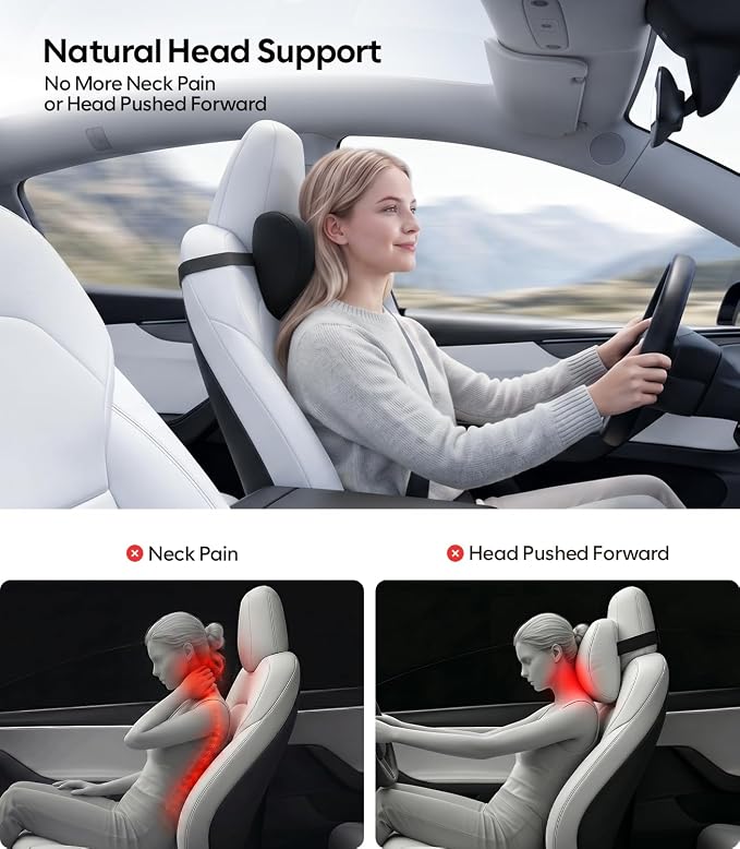 Wigoo Ergonomic Car Neck Pillow [Slim Upgrade, No Neck Pain] Odorless Memory Foam Car Headrest Pillow with 4 Adjustable Straps, Removable Cover, Fits All Cars (Black 2-Pack)