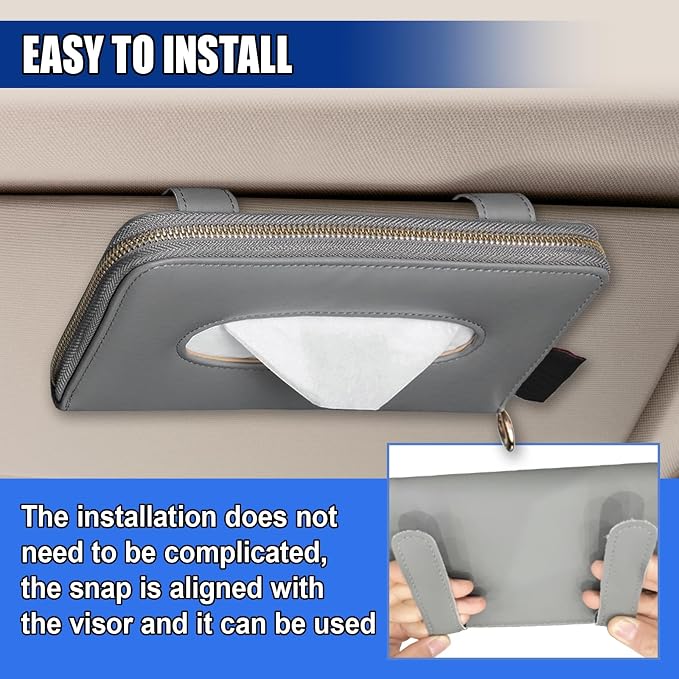 Car Tissue Holder, Leather Car Sun Visor Napkin Box with Tissue Refill, Auto Backseat Paper Carton Mask Dispenser with Zipper, Universal Hanging Vehicle Towel Clip for RV, SUV, Truck (Grey)