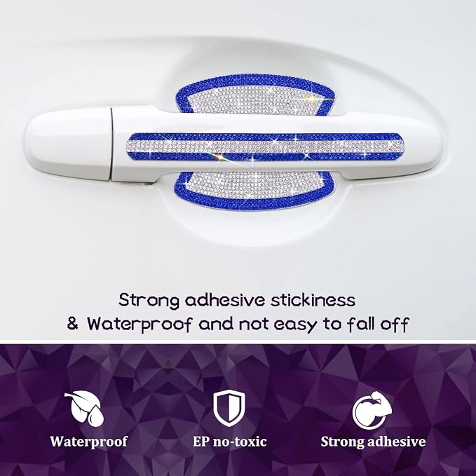 10PCS Car Door Handle Bling Rhinestones Stickers, Blue & Sliver | Universal Auto Door Handle Safety Reflective Strips, Cute Car Decor