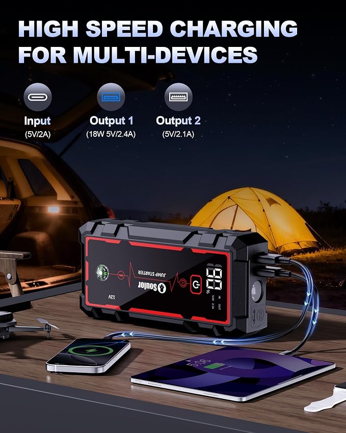 Jump Starter Car Battery Jumper Starter Portable with Jumper Cable, Quick Charge Power Bank, 3 Modes Flashlight, Compass
