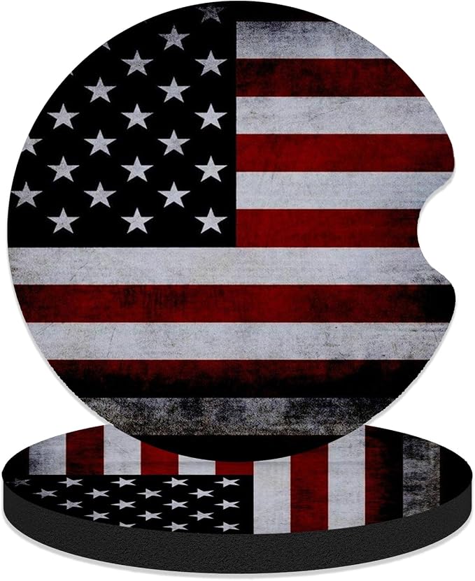 Car Coasters for Cup Holders - Black American Flag | 2 Pack Anti Slip Universal Rubber Car Cup Coaster for Women Men, Car Interior Accessories