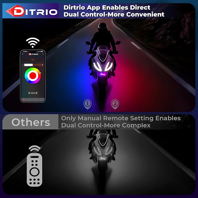 8PCS Double Row Motorcycle Led Lights with Brake Turn Signal,Underglow Light Kits with DITRIO APP/RF Remote Control, Dual Zone,Waterproof,12V Pixelglow RGB Lights for Motorcycles, Golf Carts, UTVs