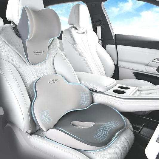 Coverado Seat Cushion and Lumbar Support Pillow for Car Office Chair, Ergonomic Memory Foam Desk Chair Cushion Back Support Pillow, Sciatica & Back & Tailbone Pain Relief Cushion