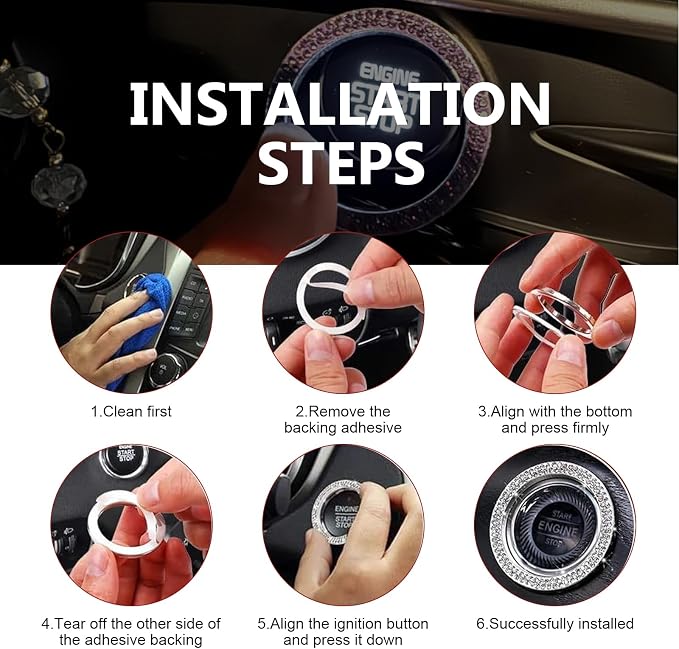 2PCS Car Engine Start Decoration Ring, Bling Crystal Double Rhinestone Push to Start Button Cover Sticker, Car Interior Accessories for Women, Fit for Key Ignition Knob Ring Decoration (Red)