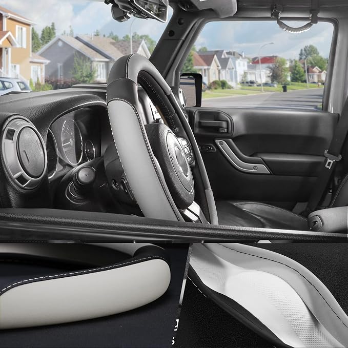 SEG Direct Car Steering Wheel Cover Large Size for F150 F250 F350 Ram 4Runner Tacoma Tundra Range Rover with 15 1/2 inches-16 inches Outer Diameter, Black and Gray Microfiber Leather