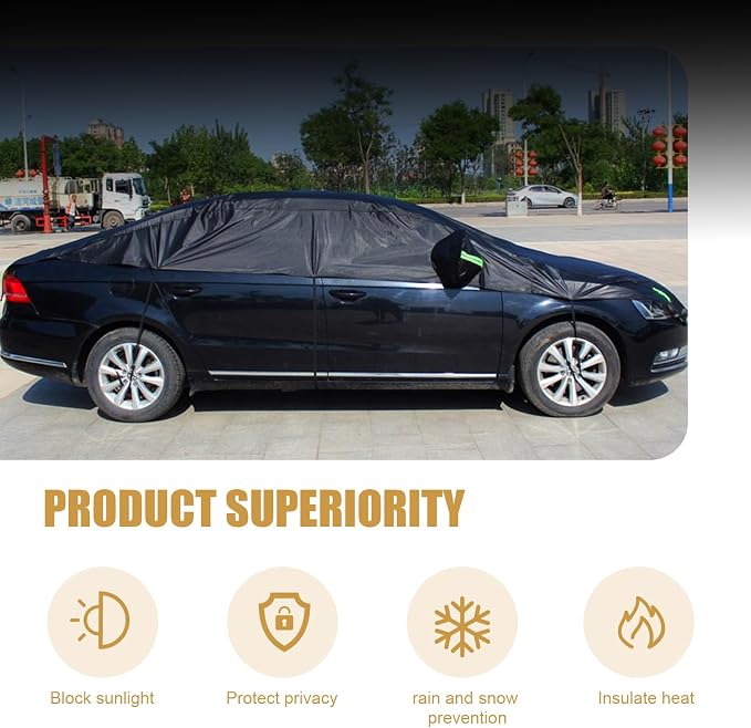Shakas Half Car Cover, Sun Protection Heat Insulation and Anti-hail Protector for All Seasons, Oxford Velvet Thickened Waterproof Foldable Outdoor Car Cover, for Most Sedans (Black)