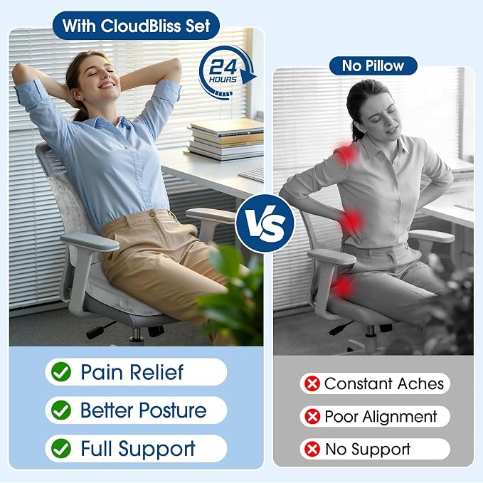 CloudBliss Lumbar Support Pillow & Seat Cushion Set for Office Chair, Desk Chair, Wheelchair & Car – Memory Foam Back Support, Ergonomic Chair Cushions, Sciatica Pain Relief,Home Essentials,Light Grey