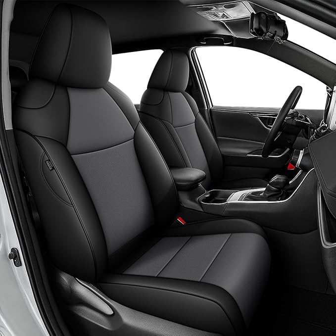 AOMSAZTO Custom Fit Seat Covers for Toyota RAV4 Hybrid 2019 2020 2021 2022 2023 2024 2025 (Not for XSE&2022-2025 SE Hybrid)-Full Set Faux Leather (Black&Gray)