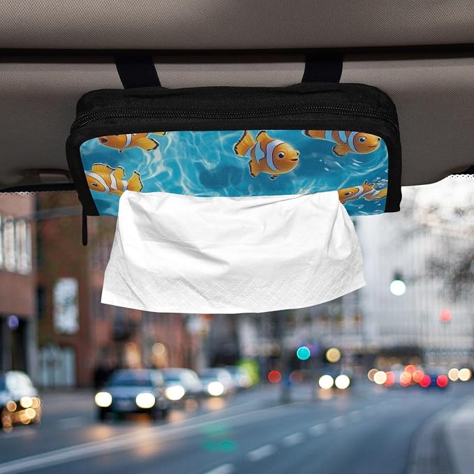 Car Visor Tissue Holder Mask Holder for Car, Car Tissue Box Sun Visor Napkin Holder Car Visor Accessories Adjustable Straps Reusable Durable Easy to Install Blue Water and Yellow Clownfishes