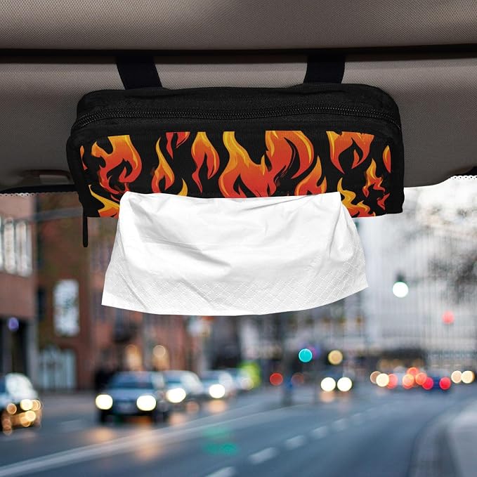 Car Tissue Holder Car Napkin Holder Tissue Box Dispenser Storage Case Sun Visor Mask Holder Accessories with Adjustable Straps Reusable Refillable Gradient Orange Red Flame