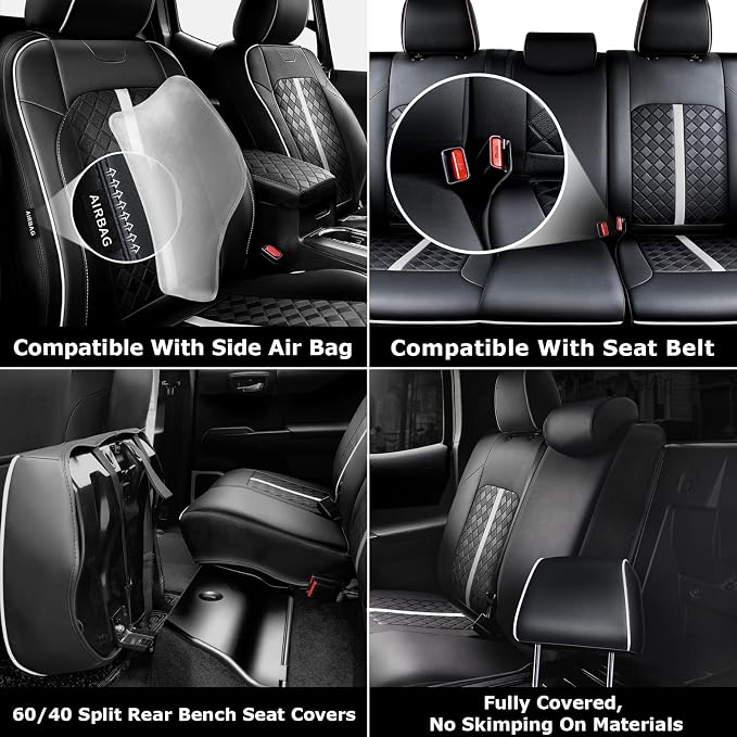 Carlimeki Leather Seat Covers Custom Fit for Tacoma Gen 3rd (2016-2023) | For Double & Crew Cab only - Fits SR, SR5, Limited, TRD Pro, TRD Sport, TRD Off-Road, Trail Special Edition - Fully Covered