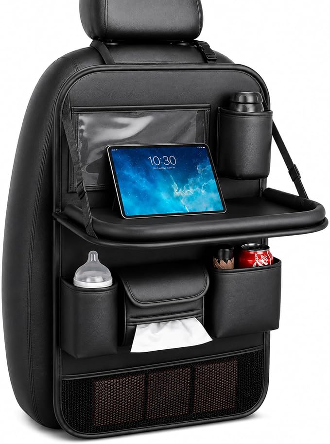 Backseat Car Organizer with Tray, PU Leather Back Seat Organizer, Foldable Seat Back Storage with Tissue Holder, Cup Holders for Family Road Trips, Black, 1 Pack