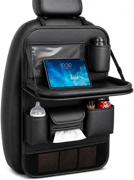 Backseat Car Organizer with Tray, PU Leather Back Seat Organizer, Foldable Seat Back Storage with Tissue Holder, Cup Holders for Family Road Trips, Black, 1 Pack