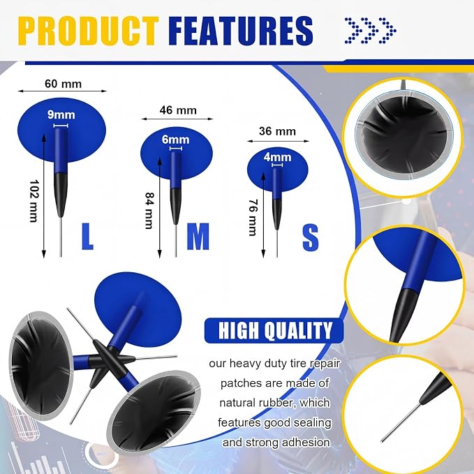Tallew 148 Pcs Heavy Duty Tire Patches Kit Rubber Radial Tire Repair Patch Plug Kit Repair Emergency Tool for Puncture Car Truck Bus Tractor Vehicle Motorcycle 32mm, 42mm, 58mm, 65x80mm, 85x120 mm