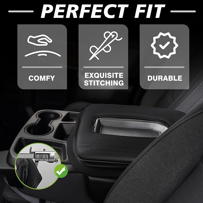 Muslogy Center Console Armrest Cover Fit for Chevy Silverado & GMC Sierra 2019-2026 Accessories, Comfort Armrest Pad Console Lid Cushion Vegan Leather 1-Inch Extra Thick(Split Bench Seat Console ONLY)