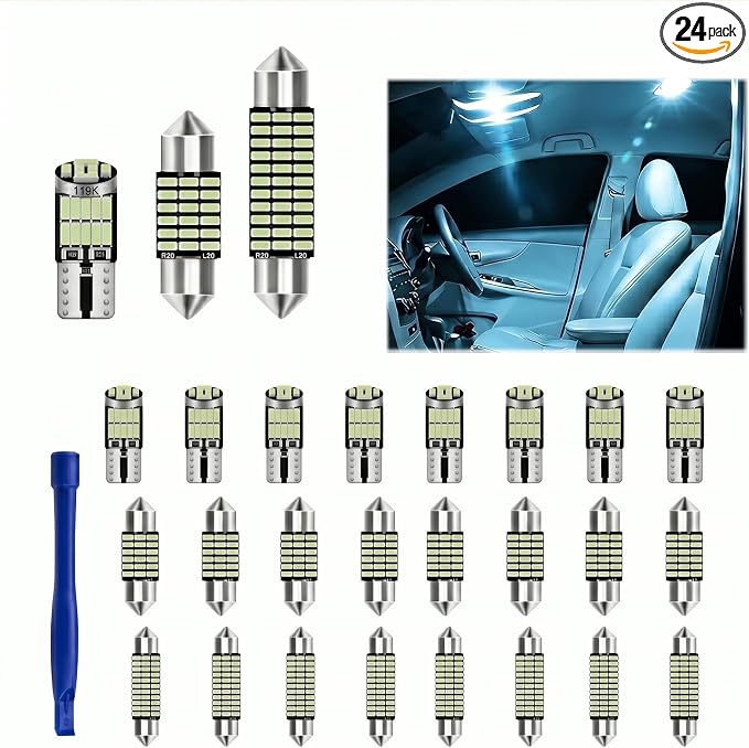 24PCS Car LED Interior Light Kit, T10 31mm 41mm LED Dome Light Bulb Set Replacement for Map License Plate Door Side Marker Cornering and Trunk Interior Lighting, Fits Most Cars(Ice Blue)