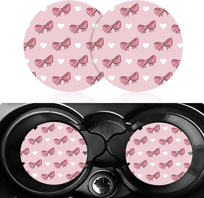 2 Pack Car Cup Holder Coasters, Pink Bows Insert Car Coaster, 2.75 Inch Anti Slip Shockproof Embedded Drink Mat, Vehicle Interior Decor Accessories (Pink-Bows)