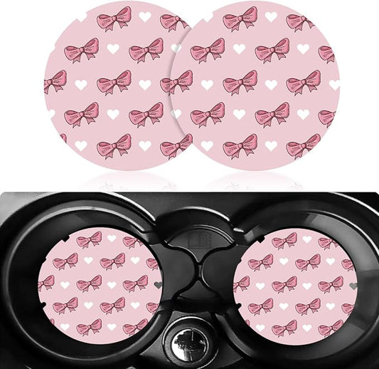 2 Pack Car Cup Holder Coasters, Pink Bows Insert Car Coaster, 2.75 Inch Anti Slip Shockproof Embedded Drink Mat, Vehicle Interior Decor Accessories (Pink-Bows)