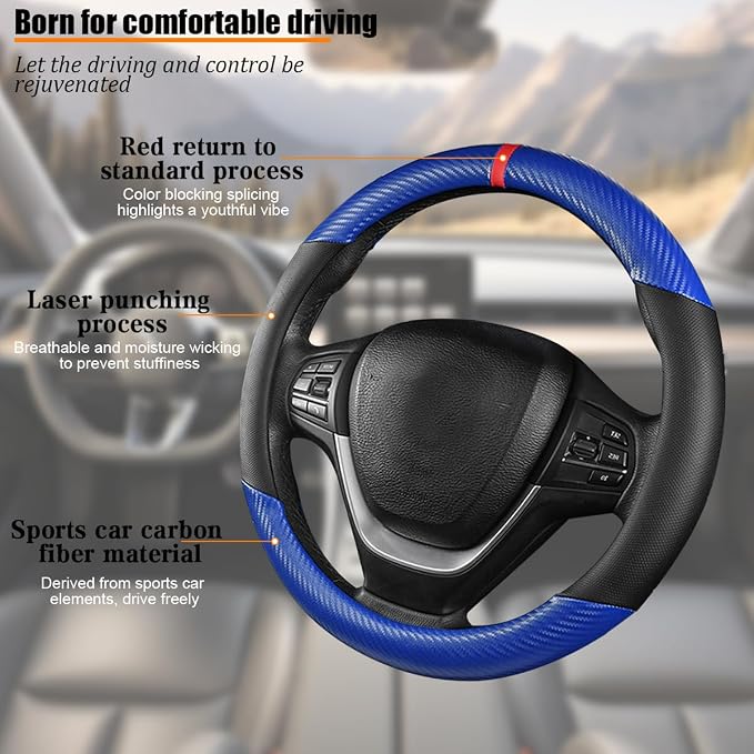 Carbon Fiber Car Steering Wheel Cover, Leather Breathable Automotive Wheel Protector, 15 Inch Anti-Slip Vehicle Interior Steering Accessories, Universal for SUV Truck Sedan (Blue)