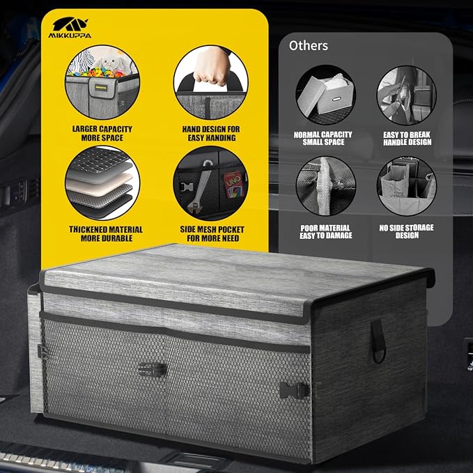 MIKKUPPA Car Trunk Organizer - 65L Collapsible Trunk Organizer with Lid, Sturdy Car Storage for SUV Auto Truck Van with Adjustable Straps and Non Slip Bottom (Gray)