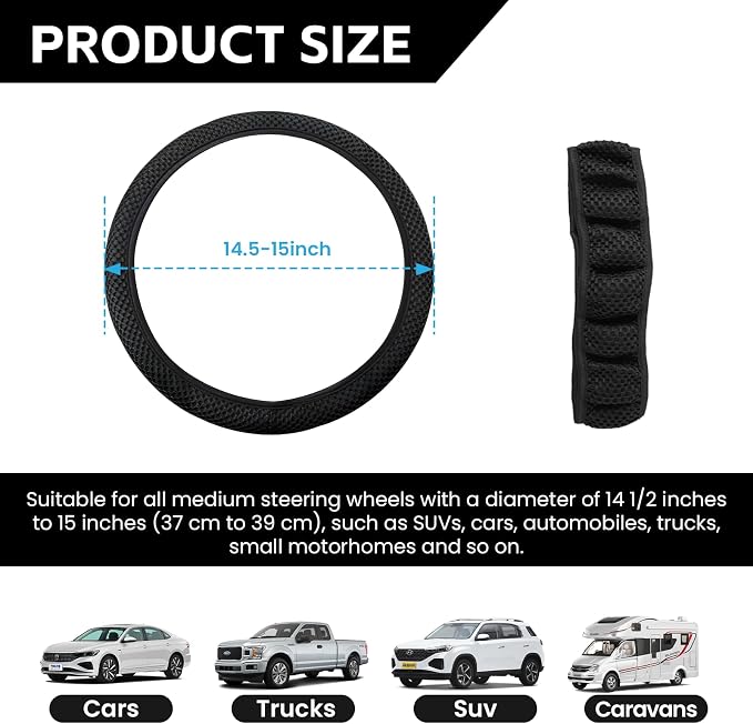 Elastic Stretch Car Steering Wheel Cover, Comfortable Steering Wheel Cover Universal for 14.5-15 Inch, Warm in Winter & Cool in Summer, Anti-Slip Breathable Ice Silk (Black)
