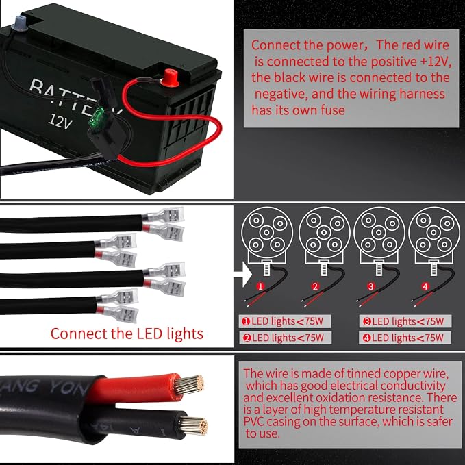 LED Lights Bar Remote Control Wiring Harness Kit 4 Leads DC12V On-Off Switch Power Relay Blade Fuse 14AWG Core Cable Wiring Harness Kit fit for LED Driving Lights Bar Work Auxiliary Lights