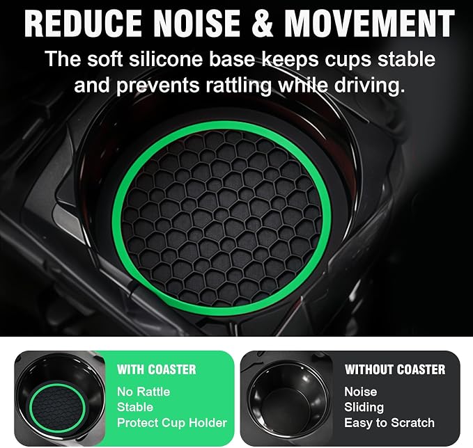 4PCS Car Cup Holder Coasters, 2.75 Inch Non-Slip Insert Water Bottle Holder Pads, Dustproof Automotive Interior Accessories Mat, Universal for Vehicles, Trucks, RVs and More (Green)