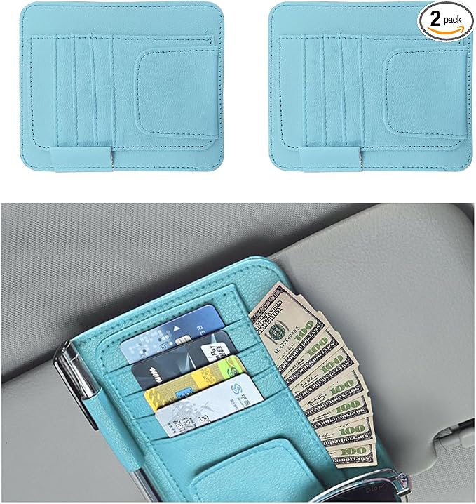 Augeny 2 PCS Car Sun Visor Organizer, Small Auto Visor Organizer and Storage, Registration and Document Holder for Sunglasses, Card, Pen, Driver License, Car Accessories (Blue)