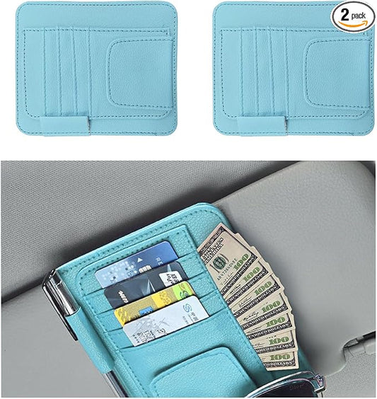 Augeny 2 PCS Car Sun Visor Organizer, Small Auto Visor Organizer and Storage, Registration and Document Holder for Sunglasses, Card, Pen, Driver License, Car Accessories (Blue)