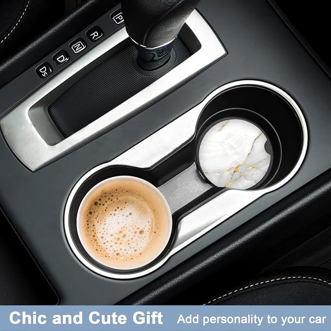 Nipichsha Car Coaster for Cup Holders, 2 Pack Absorbent Ceramic Car Cup Holder Coaster for Drinks, Cute Auto Assecories for Women, Universal Size 2.56 in with Finger Notch & Cork Base, White Marble