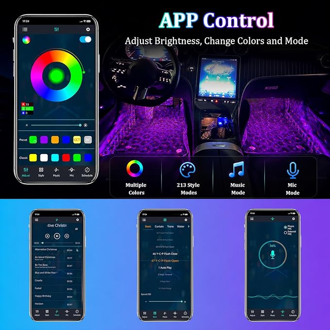 Car Interior LED Lights,4 in 1 RGB APP Control Automotive Under Dash Neon Ambient Lighting with USB Port,Music Sync Auto Footwell Lamp,Car Interior Atmosphere Light