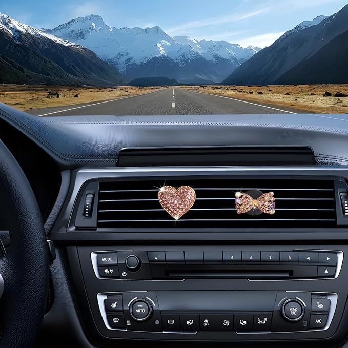 Bling Car Air Vent Clip, 2PCS Crystal Rhinestone Diamond Automotive Heart Shape Clip Charm, Cute Sparkling Vehicle Interior Decoration Accessories, Universal for SUV Sedan Trucks (Pink)