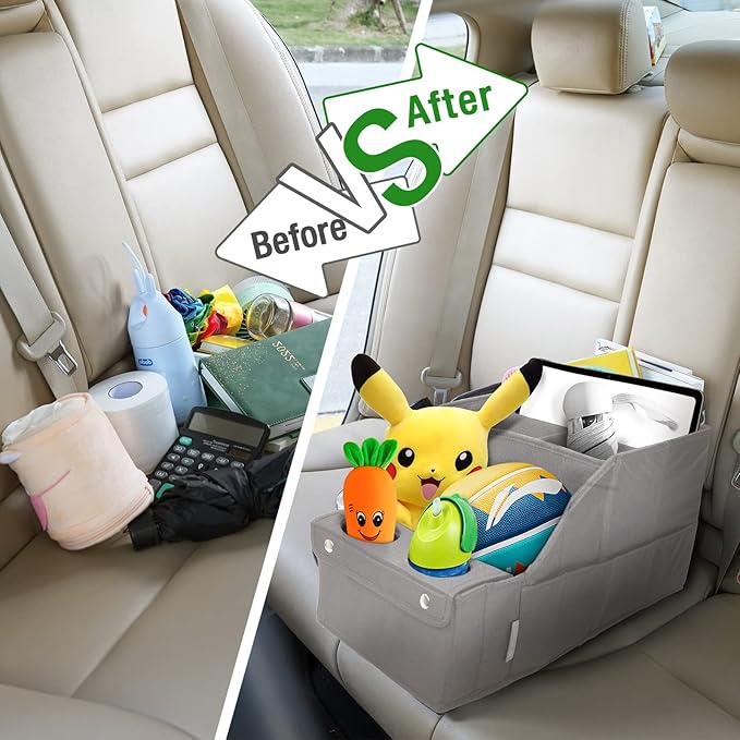 MULISOFT Car Seat Organizer - Backseat Organizer with 11 Storage Compartments and 2 Cup Holders for Travel, Kids | Made from durable Oxford fabric with a waterproof surface, anti-slip buckles, and a foldable design for easy storage.