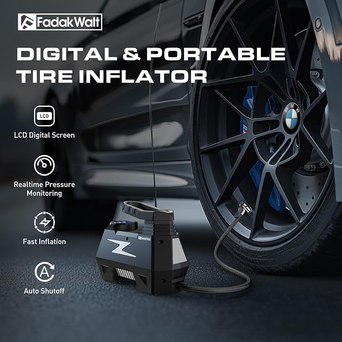 FADAKWALT Tire Inflator Portable Air Compressor, 12V DC Car Air Pump with Auto Shutoff, 150 PSI Digital Gauge, LED Light, Metal Valve Connector, Accessories for Cars, Large, Sliver