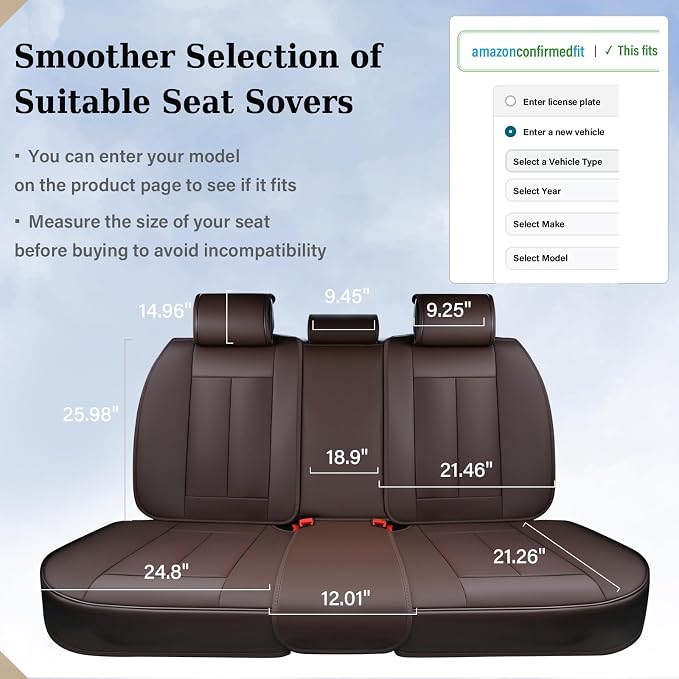 Coverado Back Seat Cover for Kids, Rear Seat Covers for Cars, Brown Back Seat Protector, Waterproof Car Seat Cushion Nappa Leather, 3-Pieces Dog Seat Cover for Back Seat Universal Fit for Most Cars