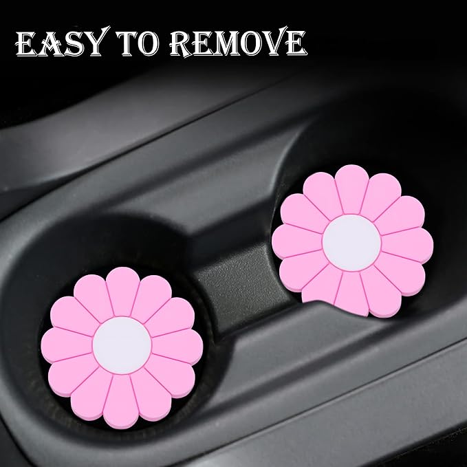 4-Pack Car Cup Holder Coaster Inserts, Daisy Shape, 2.75 Inch Non-Slip Silicone Cup Holder Insert, Universal Non-Slip Cup Holders, Car Accessories Interior for Women and Man (Pink)