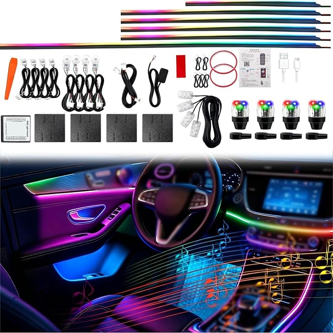 22In1 Car Interior LED Strip Lights Multicolor & 4Pcs Tire Valve Light, Ambient Lighting Strip Lights for Trucks, UTV, SUVs