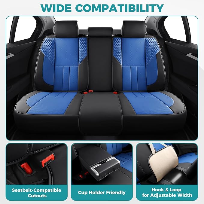 Universal Car Seat Covers for SUVs Sedans Trucks BlackBlue | universal fit, faux leather, waterproof, breathable, stain/scratch resistant, airbag compatible, anti-slip, easy install