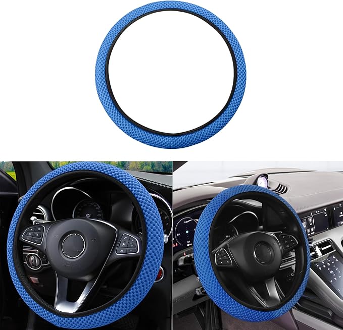 Elastic Stretch Car Steering Wheel Cover, Comfortable Steering Wheel Cover Universal for 14.5-15 Inch, Warm in Winter & Cool in Summer, Anti-Slip Breathable Ice Silk (Blue)