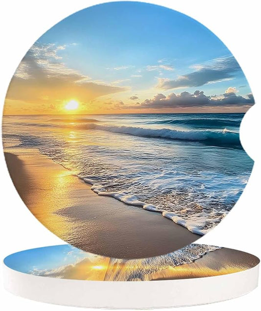 Small Car Coasters for Cup Holders 2.65" Absorbent 2 Pack Car Coaster Ceramic Stone for Drinks Absorb Water Drops Ocean Theme Sand Beach Wave Sea Water Pattern