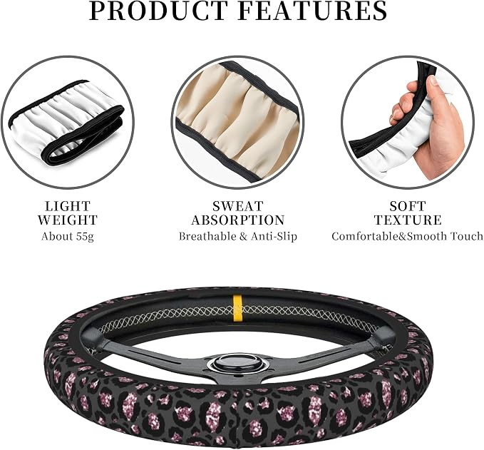 Steering Wheel Cover Universal Fit Car Interior Accessories for Women Men 15 Inch Breathable Anti Slip Odorless Neoprene Steering Wheel Cover for Car Decor Protector - Black Pink Leopard 005
