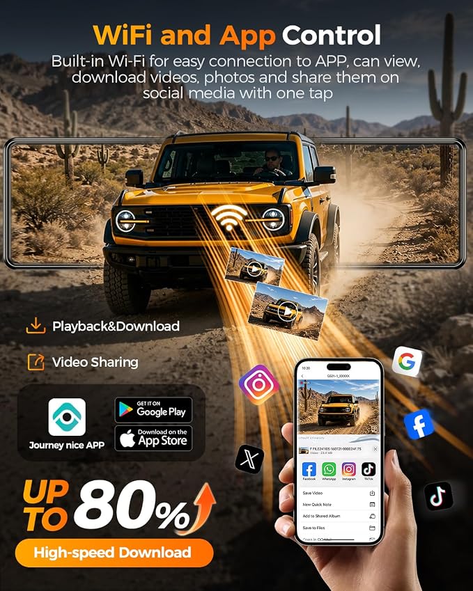 4 Channel Mirror Dash Cam,12" Rear View Mirror Camera,1080P Front Rear Left Right Dash Camera for Car, WiFi Smart Rear View Mirror Camera with 64GB Card, Night Vision, 24H Parking Monitor, G-Sensor