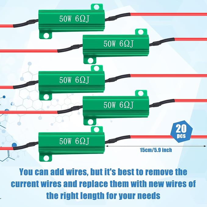 Xuhal 20 Pack 50W 6ohm Load Resistor Turn Signal LED Kit Fix Fast Flash Blink Error Code Flickering Resistor for LED Lights Bulb Headlights Tail Light License Plate DRL(Green)