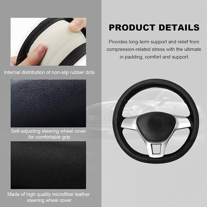 Leather Steering Wheel Cover, Anti-Slip Full Surround Car Wheel Protector with Comfortable Grip, Universal Elastic Decorative Cover Fit for 14 1/2-15 Inch Steering Wheels (Black)