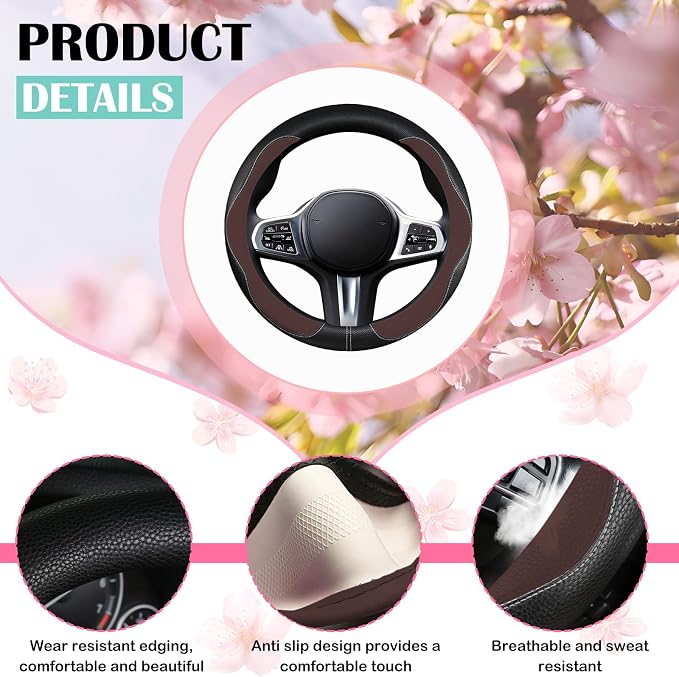 SuperKaKa Brown Car Steering Wheel Cover 2025, Universal Auto PU Cute Breathable Slip-Proof Comfort Imitation Leather Protector Cars Interior Accessories for Women Men Fit Most Vehicle