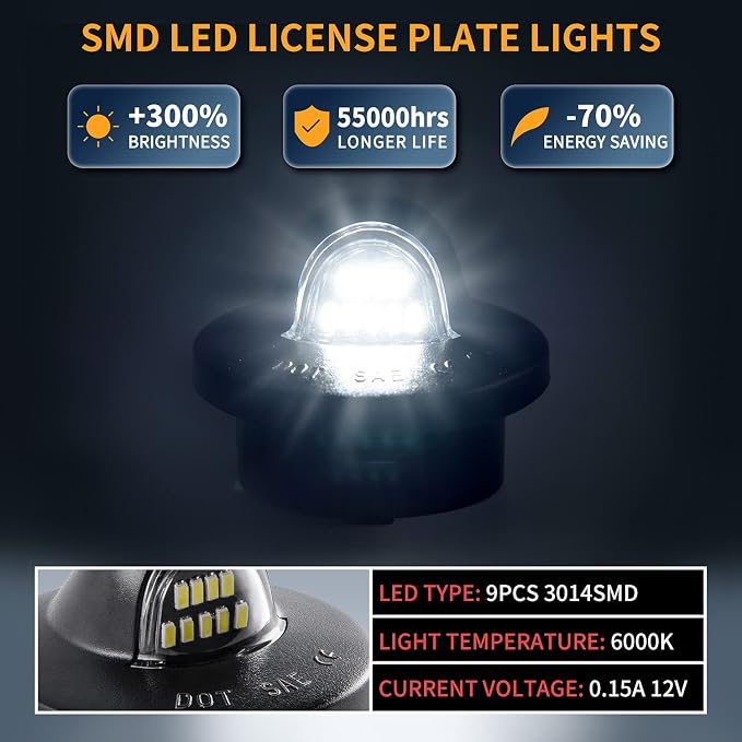 Gempro License Plate Light Assembly LED Tag Lamp Replacement for Ford F150 F250 F350 F450 F550 Superduty Bronco Excursion Ranger Expedition Explorer Rear Plate Lights, 6000K White, 2PCS (Black)