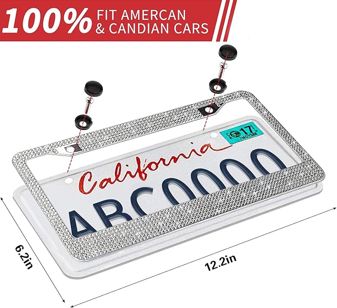 OKLPF Bling License Plate Frame for Women, White Sparkly Stainless Steel License Plate Frames| Over 1200 pcs 14 Facets Bedazzled Clear Glass Rhinestone Crystals w/Free Glitter Diamond Box, 1 Pcs