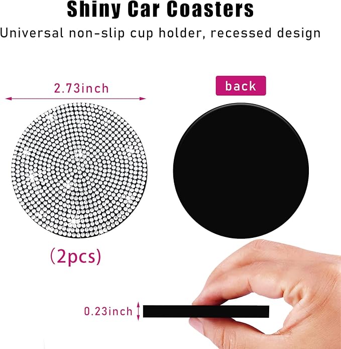 Ziciner 2PCS Bling Car Cup Holder Coaster, 2.73 Inch Anti-Slip Cup Insert Coasters, Crystal Rhinestone Auto Drink Cup Mat, Universal Interior Decor Car Accessories for Women Girls (White)