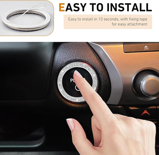 WZP Bling Push to Start Button Cover, White, 2PCS | Crystal Rhinestone, Engine Start Button Cover, Sparkling Car Interior Accessories, For Women