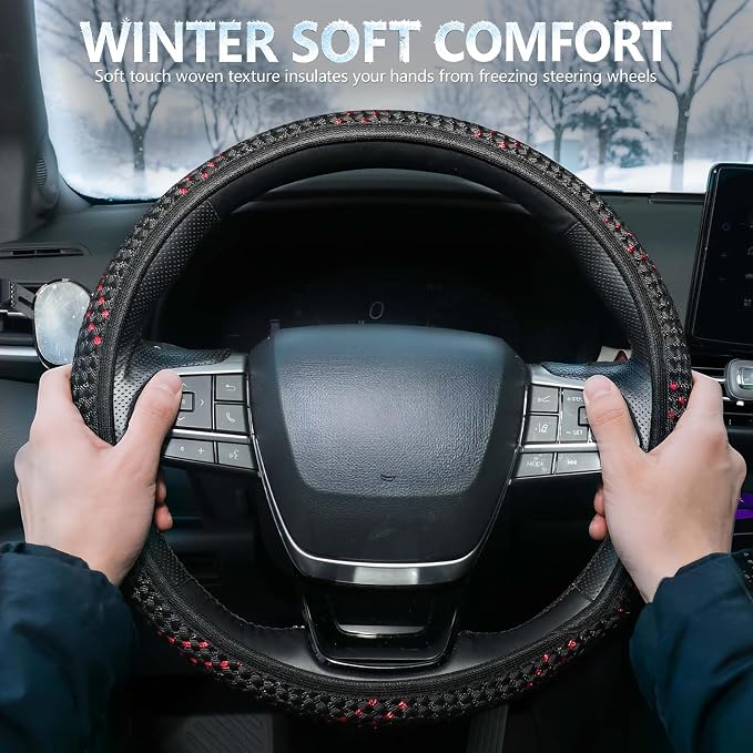 KAFEEK Elastic Mesh Car Steering Wheel Cover, Cute Black Red, 15 Inch | Cooling Breathable Fabric, Non Slip Protector for Women Men, Summer Winter, Universal Fit